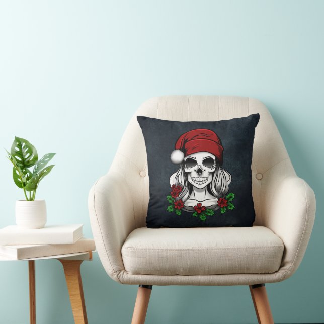 Whimsical Gothic Santa Skull Christmas Throw Pillow (Chair)
