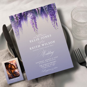 Whimsical Gradient Purple Floral Photo Wedding Invitation