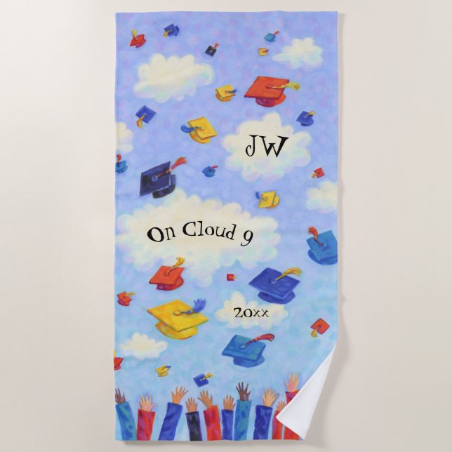 Whimsical Graduation Cap Toss Personalized Beach Towel (Front)