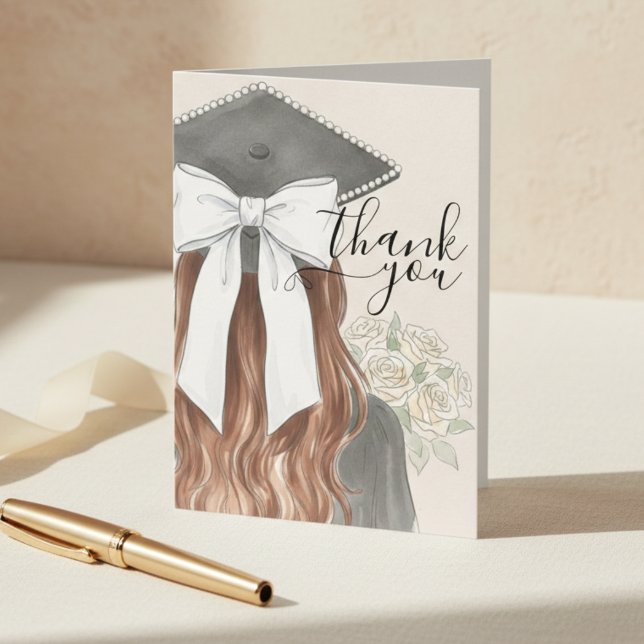 Whimsical Graduation Cap with Bow & Pearls Script Thank You Card (Whimsical Graduation Cap with Bow & Pearls Script Thank You Card)
