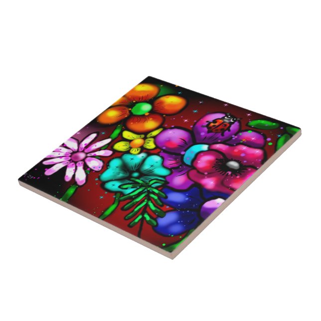Whimsical Graffiti-Style Floral Flowers Ladybug Tile (Side)