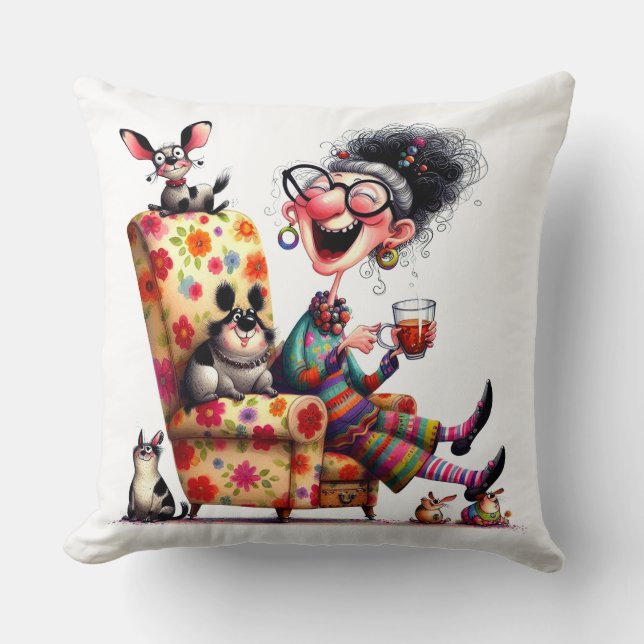 Whimsical Grandma Pillow Colourful Funny Art Pets  (Front)