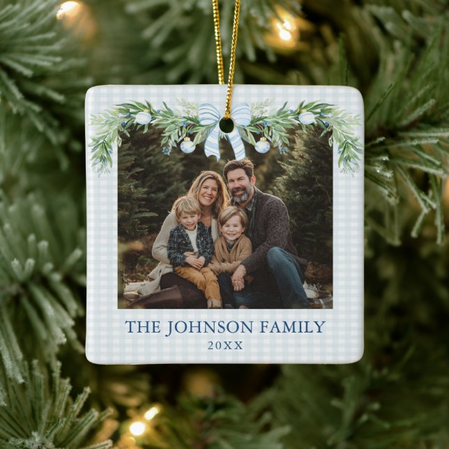 Whimsical Grandmillenial Blue Bow Family Photo Ceramic Ornament (Tree)