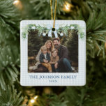 Whimsical Grandmillenial Blue Bow Family Photo Ceramic Ornament<br><div class="desc">💙🎀 Whimsical Grandmillennial Blue Bow Family Photo Ceramic Ornament Add a touch of timeless charm to your holiday décor with our Whimsical Grandmillennial Blue Bow Family Photo Ornament. Featuring a soft blue plaid background, a dainty satin ribbon bow, this keepsake ornament perfectly blends classic elegance with modern whimsy. Personalize it...</div>