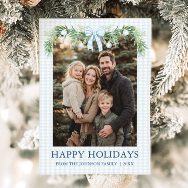 Whimsical Grandmillenial Blue Bow Family Photo Holiday Card (Whimsical Grandmillenial Blue Bow Family Photo Holiday Card)