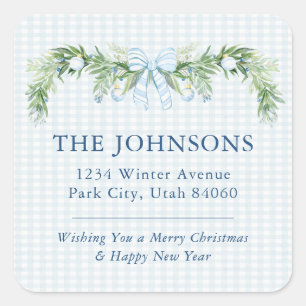 Whimsical Grandmillenial Gingham Blue Bow Garland Square Sticker