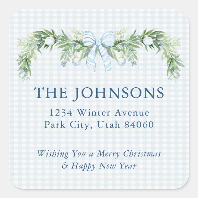 Whimsical Grandmillenial Gingham Blue Bow Garland Square Sticker (Front)