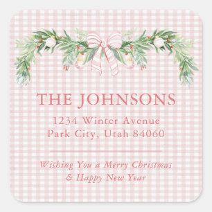 Whimsical Grandmillenial Gingham Pink Bow Garland Square Sticker