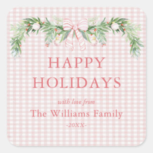Whimsical Grandmillenial Gingham Pink Bow Garland  Square Sticker