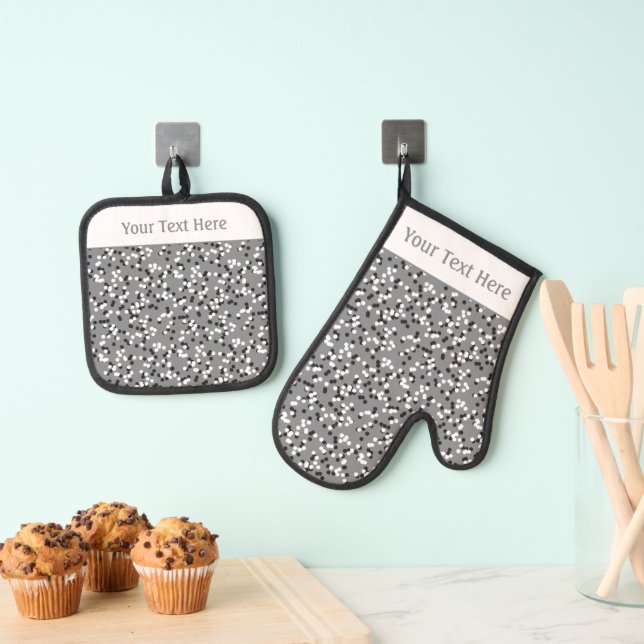 Whimsical Gray Polka Dot Doodles Pattern Oven Mitt & Pot Holder Set (Insitu(Hanging))