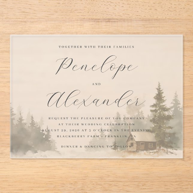 Whimsical Gray Watercolor Winter Cabin Acrylic Invitations (Front)