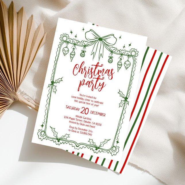 Whimsical Green and Red Hand Drawn Christmas Party Invitation (Creator Uploaded)
