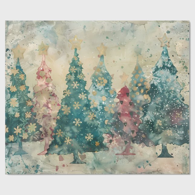 Whimsical Green and Red Trees with a touch of Gold Wrapping Paper (Flat)