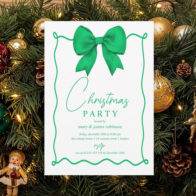 Whimsical Green Bow Christmas Holiday Party  Invitation (Whimsical Green Bow Christmas Holiday Party Invitation)