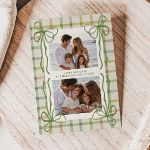 Whimsical Green Bow Frame Cottage Gingham 2 Photo Holiday Card