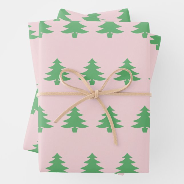 Whimsical Green Christmas Trees on Pale Pink Wrapping Paper Sheet (In situ)