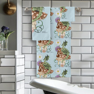 Whimsical Green Fantasy Dragon Mushroom Flowers Bath Towel Set