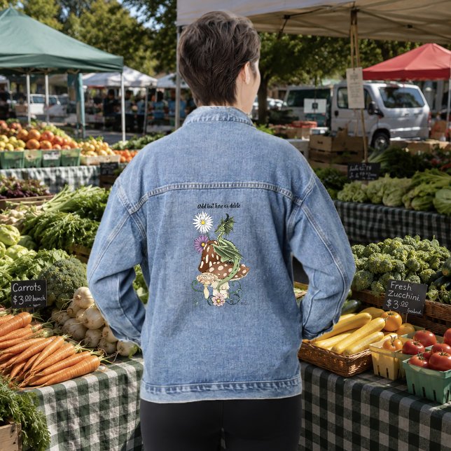 Whimsical Green Fantasy Dragon Mushroom Flowers Denim Jacket (Creator Uploaded)