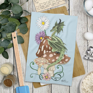 Whimsical Green Fantasy Dragon Mushroom Flowers Kitchen Towel