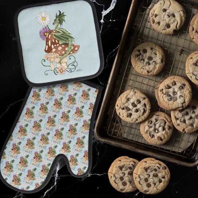 Whimsical Green Fantasy Dragon Mushroom Flowers Oven Mitt & Pot Holder Set (Creator Uploaded)