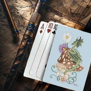 Whimsical Green Fantasy Dragon Mushroom Flowers Playing Cards