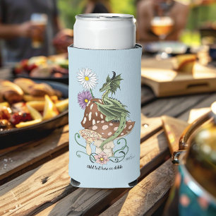 Whimsical Green Fantasy Dragon Mushroom Flowers Seltzer Can Cooler