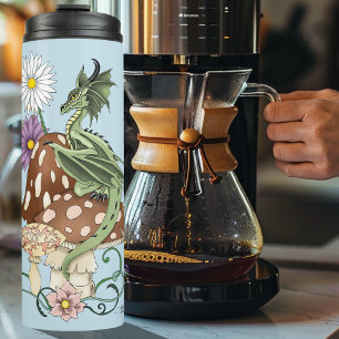 Whimsical Green Fantasy Dragon Mushroom Flowers Thermal Tumbler