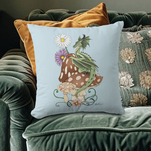 Whimsical Green Fantasy Dragon Mushroom Flowers Throw Pillow