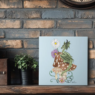 Whimsical Green Fantasy Dragon Mushroom Flowers Tile