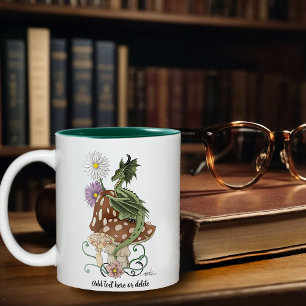 Whimsical Green Fantasy Dragon Mushroom Flowers Two-Tone Coffee Mug