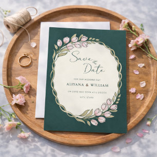 Whimsical Green Floral Border  Save The Date Invitation