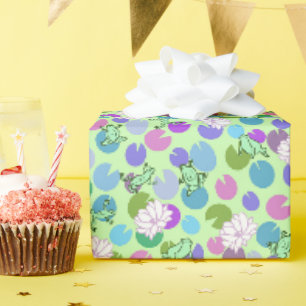 Whimsical Green Frogs and Lily Pads on Green Wrapping Paper