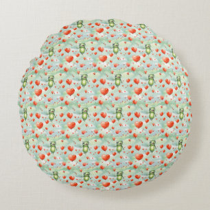Whimsical green frogs red balloons round pillow