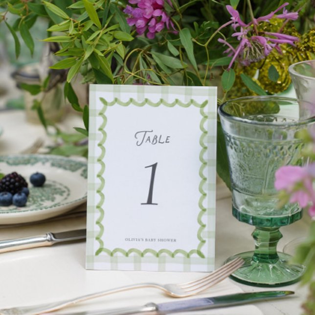 Whimsical Green Gingham Baby Shower Table Number (Creator Uploaded)