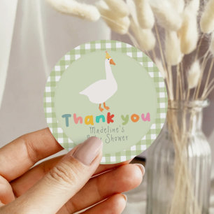 Whimsical Green Gingham Silly Goose Baby Shower Classic Round Sticker