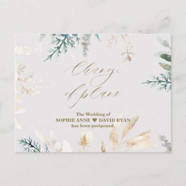 Whimsical Green Gold Change Of Plans Wedding Postcard (Front)