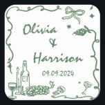 Whimsical Green Hand Drawn Wedding Square Sticker<br><div class="desc">Whimsical Green Hand Drawn Wedding</div>