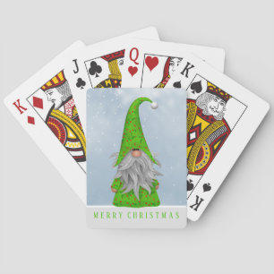 Whimsical Green Holiday Gnome   Merry Christmas Playing Cards