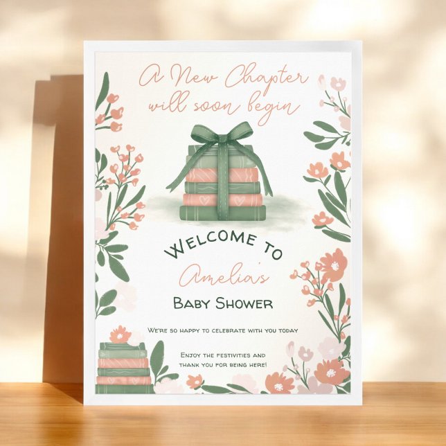 Whimsical green New Chapter Welcome Baby Shower Poster (Whimsical green New Chapter Welcome Baby Shower Poster)