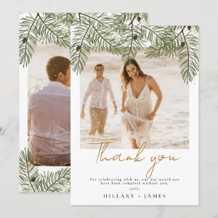 Whimsical Green Pine Photo Wedding Thank you card