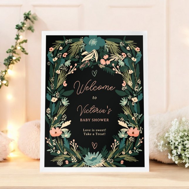 Whimsical Green Pink Floral Welcome Baby Shower Poster (Whimsical Green Pink Floral Welcome Baby Shower Poster)