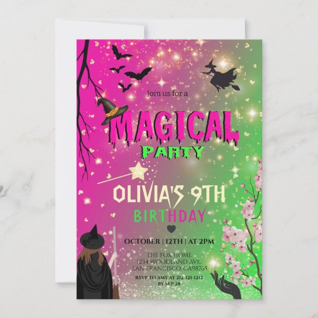 Whimsical Green & Pink Witch girl birthday Invitation (Front)