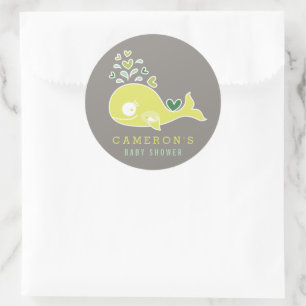 Whimsical Green Pregnant Mommy Whale Baby Shower Classic Round Sticker