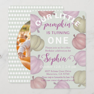 Whimsical Green Pumpkins & Photo Birthday Invitation