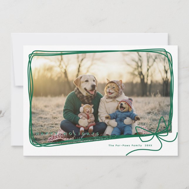 Whimsical Green Ribbon Frame Holiday Photo Card (Front)
