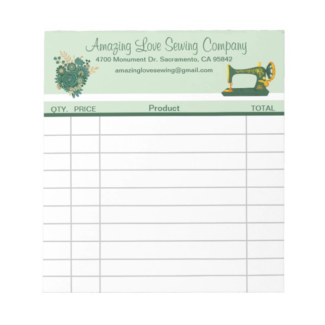 Whimsical Green Sewing Machine sales receipt  Notepad (Front)