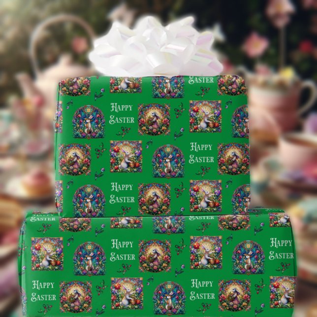 Whimsical Green Stained Glass Easter Bunny Pattern Wrapping Paper (Creator Uploaded)