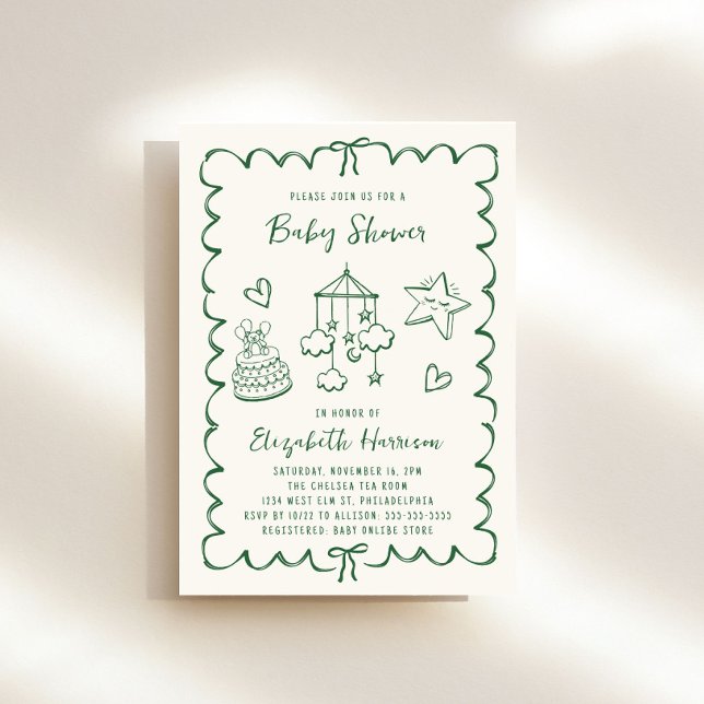 Whimsical Green Wavy Frame Baby Shower Invitation (Creator Uploaded)