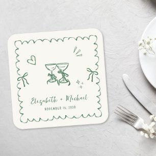 Whimsical Green Wavy Frame Cream Wedding Square Paper Coaster