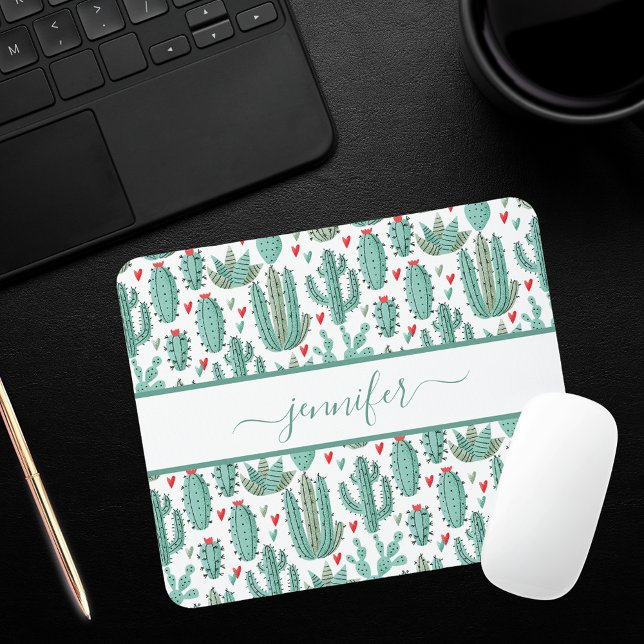 Whimsical green white cactus pattern monogrammed mouse pad (Creator Uploaded)
